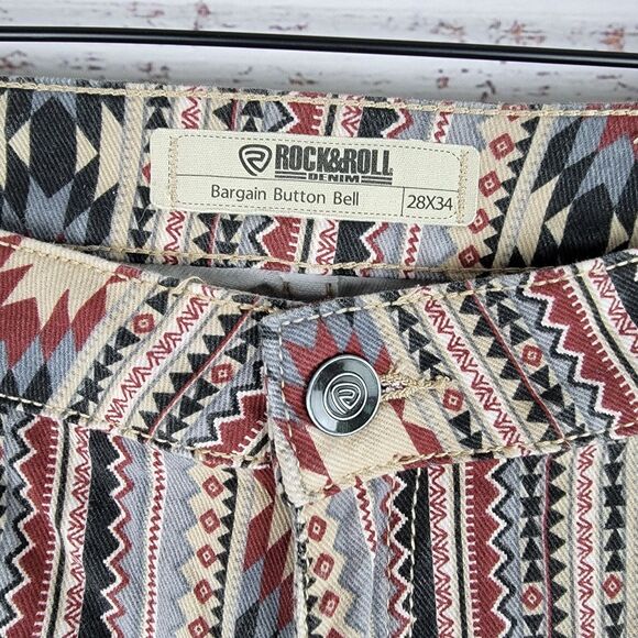 Rock & Roll Bargain Button Bell Bottom Jeans Womens 28 x 34 Cowgirl Aztec Flare - Picture 7 of 11